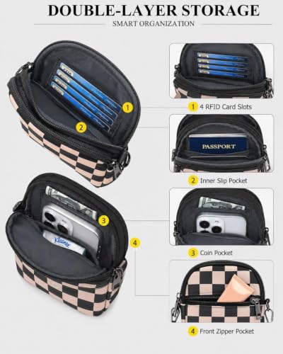 RFID Crossbody Bags For Women Travel, Small Cell Phone Purse - color: Coffee Checkered