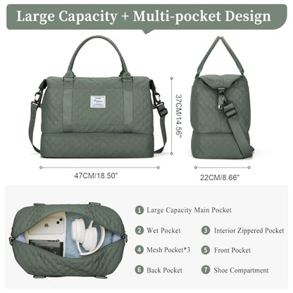 Weekender Bags for Women, Travel Duffel Bag with Shoes Compartment - color: Grid-OliveGreen, size: Large