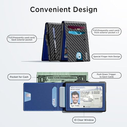 Wallet for Men, Minimalist Leather RFID Blocking Bifold Wallet, Cash Slot - color: Carbon Blue
