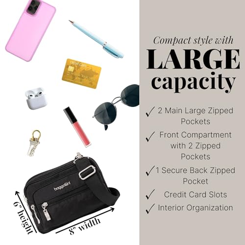 Baggallini Triple Zip Small Crossbody Bag for Women - Lightweight Convertible Fanny Pack Belt Bag - color: Black With Sand Lining, style: Wide Strap