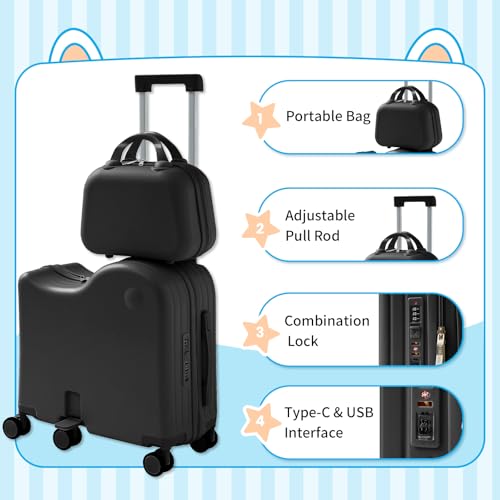 Ride-On Luggage, 6-Wheel Kids Suitcase with Cup Holder, Portable Bag - color: Black