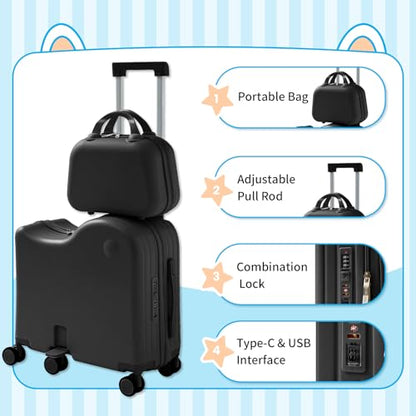 Ride-On Luggage, 6-Wheel Kids Suitcase with Cup Holder, Portable Bag - color: Black