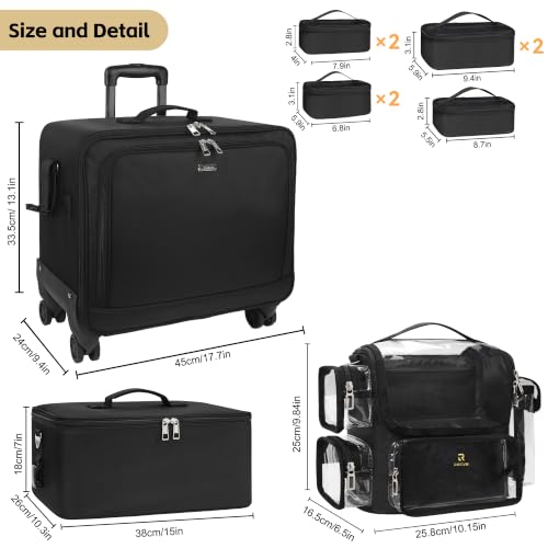 TANTO Rolling Makeup Train Case, Makeup Bag with 7 Pouches & Brush Holder - color: 04-Black（2 in 1） +Brush Bag