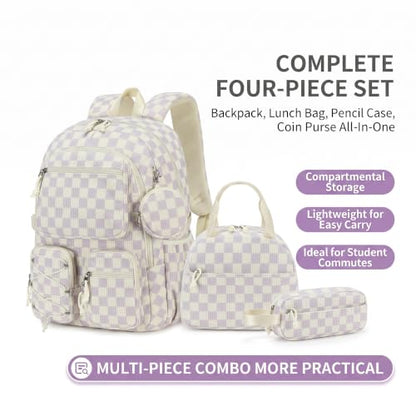 PiPiCat Backpack for Girls 4 in 1 Back to School Bookbag - color: K2 Checkered Purple