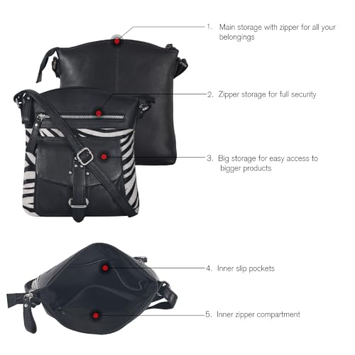 Genuine Leather Crossbody Bag For Women - Medium Cross Body Handbag Purse - color: Black/Zebra
