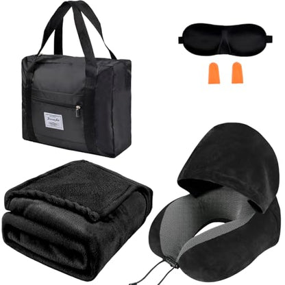Travel Blanket and Pillow Set - Hooded Neck Pillow Airplane Essential Black - color: Black