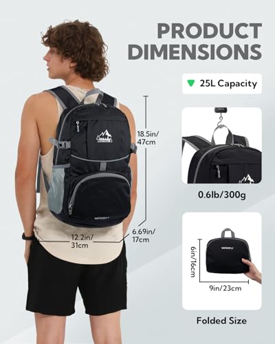 WATERFLY Small Lightweight Packable Hiking Backpack Foldable Travel Daypack - color: A-black, size: 25L