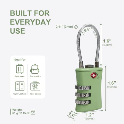 Luggage Locks TSA Approved, Airplane Travel Essentials, TSA Locks for Luggage, Suitcase, Anti Theft Small Padlock Combination, Mini Cable Padlock for Backpack, Bag Zipper, Case, Tool Box - color: Black+Green