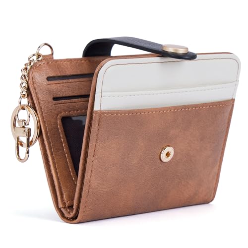 POIUGOYA Slim Wallet for Women RFID Card Holder Keychain - color: Black/White/Brown