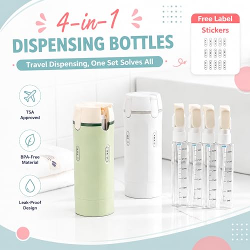 4-in-1 Travel Dispenser Bottles, 30ML Refillable Leak-Proof Toiletry Containers for Shampoo & Lotion, Portable for Airplane, Vacation, Business (Green) - color: Green