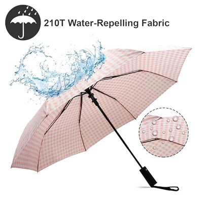 Nollia Compact Travel Umbrella with Auto Open – Windproof Folding Umbrella, Lightweight & Portable for Rain - color: E. Pink Gingham