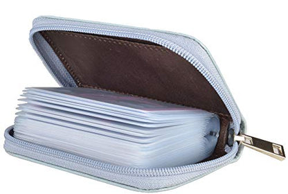 Easyoulife Genuine Leather Credit Card Holder Zipper Wallet With 26 Card Slots - color: Light Blue, size: small