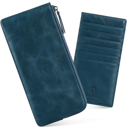 VISOUL Long Zipper Cash Wallet for Women with Removable Credit Card Holder Genuine Soft Leather-Blue - color: Blue