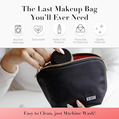 KUSSHI Washable Travel Makeup Bag for Purse (Everyday, Satin Black/Red) - color: Satin Black/Red, size: Everyday (Purse) Bag