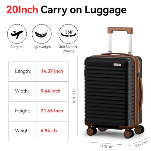 Carry On Luggage, Expandable Suitcase, PC, Black and Brown, 20 in - color: Black+Brown, size: 20in