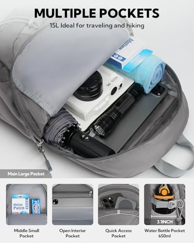 WATERFLY Small Lightweight Packable Backpack, Mini Foldable Travel Daypack - color: Grey