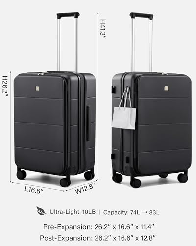 Hanke Expandable Medium Checked Luggage, 24 Inch Top Opening Suitcase - color: Jet Black, size: 24 Inch EXT