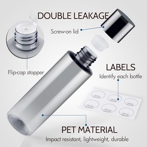 200ML Travel Size Toiletries, 3 Pack Travel Size Containers | Double Leak Proof & Refillable Plastic Travel Bottles for Shampoo, Lotion, Body Wash with 6pcs Labels - color: Grey, size: 200ml(3pcs)