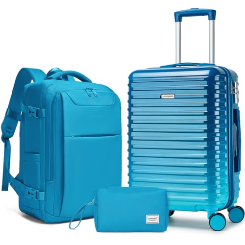 LARVENDER Carry on Luggage 20-Inch Expandable Suitcases, Ocean Breeze | 22x14x9 Airline Approved, Gradient PC+ABS Hardshell, Expands 2", 360° Spinner Wheels, TSA Lock, 3-Piece Set with XL Backpack - color: Ocean Breeze (XL-BP), size: 3 Piece Set (Backpack