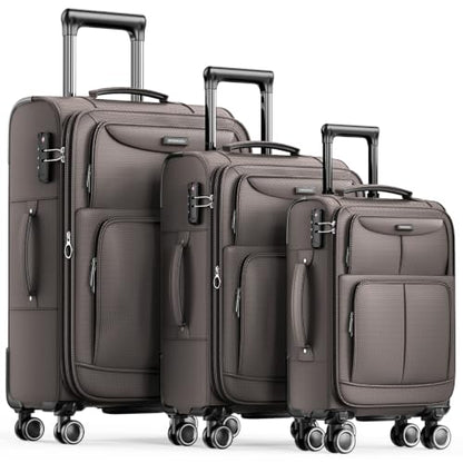 SHOWKOO Luggage Sets 3 Piece Softside Expandable Durable Suitcase Sets - color: Light Coffee