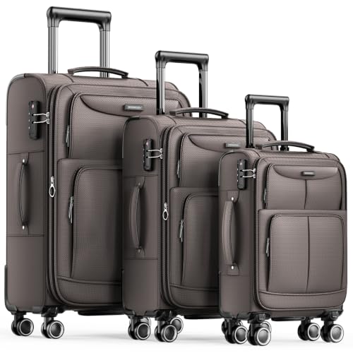 SHOWKOO Luggage Sets 3 Piece Softside Expandable Durable Suitcase Sets | Durable Oxford Fabric; Lightweight; 360°Double Spinner Wheels; TSA Lock; YKK Zippers; Light Coffee (20in/24in/28in) - color: Light Coffee