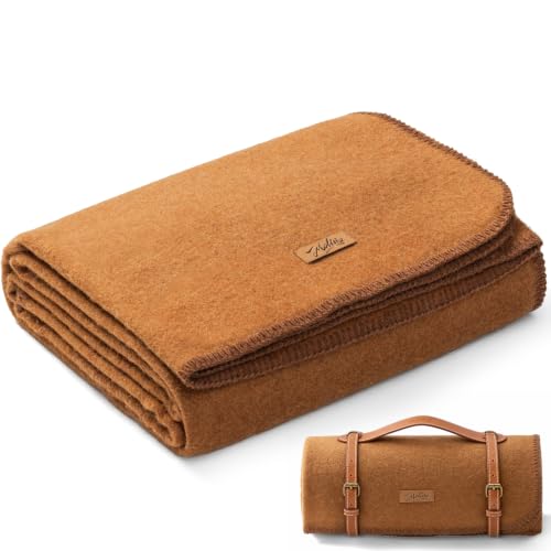 Molithe 100% Wool Blanket, 48" x 62", Warm, Thick, Washable, Military - color: Dark Camel, size: Medium