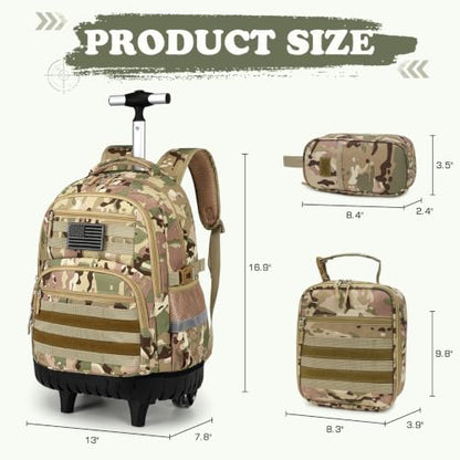 Boys Camo Rolling Backpack with Lunch Box Pencil Case | Kids Tactical Military Army Roller Backpack With Wheels Kindergarten Elementary School Bookbag Travel Camping, Khaki Camo - color: Khaki Camo