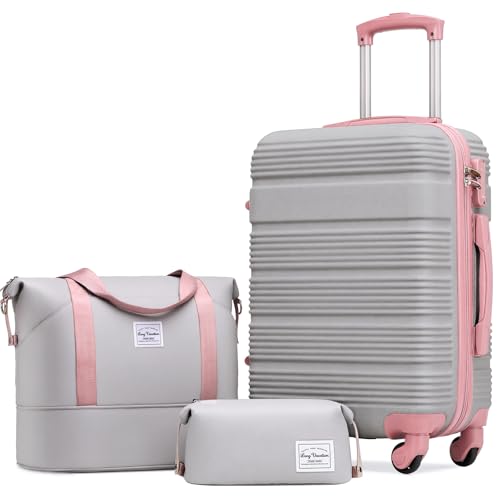 LONG VACATION Luggage Sets with Spinner Wheels, Carry on Suitcase 3 Piece - color: GREY-PINK, size: 3 piece set(DB)