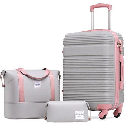 LONG VACATION Luggage Sets with Spinner Wheels, Carry on Suitcase 3 Piece - color: GREY-PINK, size: 3 piece set(DB)