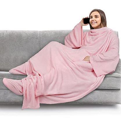 PAVILIA Fleece Blanket with Sleeves, Foot Pockets for Women Men, Light Pink - color: Light Pink, size: Fleece