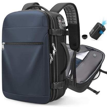 POSO Vacuum Backpack Travel, 60L Expandable Vacuum Seal Backpack with Pump & Laptop Compartment (Fits 17") - color: Navy Blue, size: Vacuum Enabled