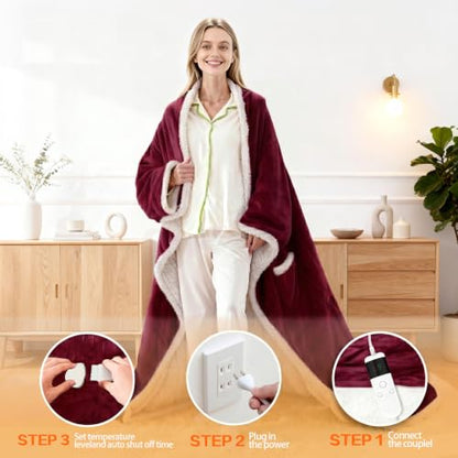 Wearable Heated Blanket With Sleeves & Foot Pocket, Heated Throw Blankets Fast Heating Blanket With 10 Heat Settings Auto Shut Off Over-Heat Protection-Warm Gift, Machine Washable, 52”*72”+18” - color: Red