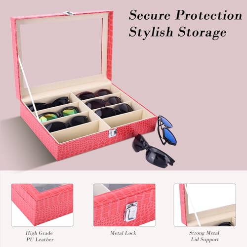 AUTOARK Leather 8 Piece Eyeglasses Storage and Sunglass Glasses Display Case Organizer - color: Rose Red/Beige