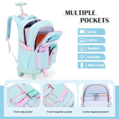 DIGOBAY Rolling Backpack for Girls with Lunch Bag & Pencil Case - color: Quamarine-pink