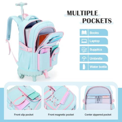 DIGOBAY Rolling Backpack for Girls with Lunch Bag & Pencil Case - color: Quamarine-pink