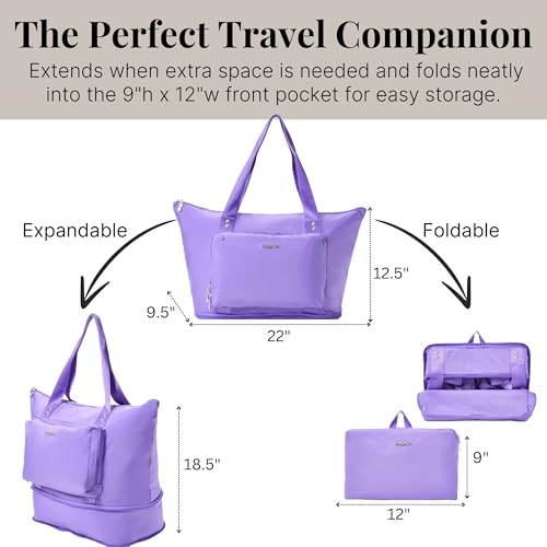 Baggallini Carryall Expandable Lightweight Travel Tote 22" Packable Folding Compact Nylon Washable Weekender w/Luggage Sleeve - color: Lavender Surf