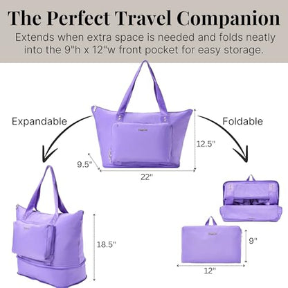 Baggallini Carryall Expandable Lightweight Travel Tote 22" Packable Folding Compact Nylon Washable Weekender w/Luggage Sleeve - color: Lavender Surf
