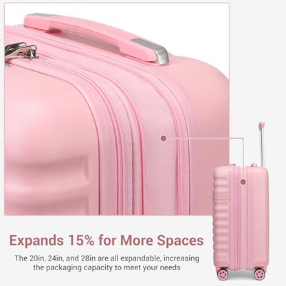 Kono 3-Piece Luggage Set 20/24/28in Expandable Hardside TSA Lock Pink - color: Pink, size: 3-piece set (20/24/28)