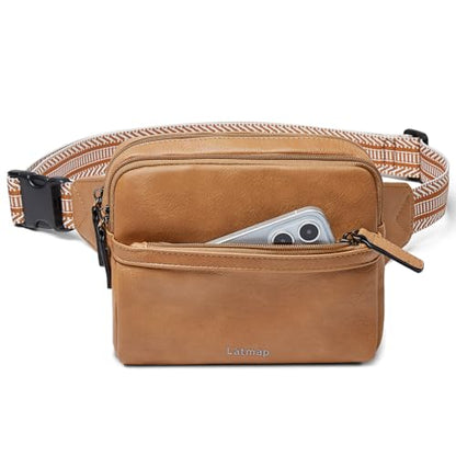 LATMAP 3L Fanny Packs Belt Bag for Women Small Everywhere Crossbody Bag Waist Packs Faux Leather Sling Chest Travel Purse - color: 1-Tan