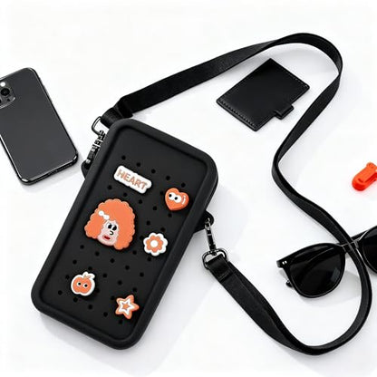 Silicone Crossbody Bag for Women, DIY Charm Compatible Perforated Hole Design, Compact Waterproof Lightweight Phone Purse with Adjustable Strap for Daily Use (Black) - color: Black