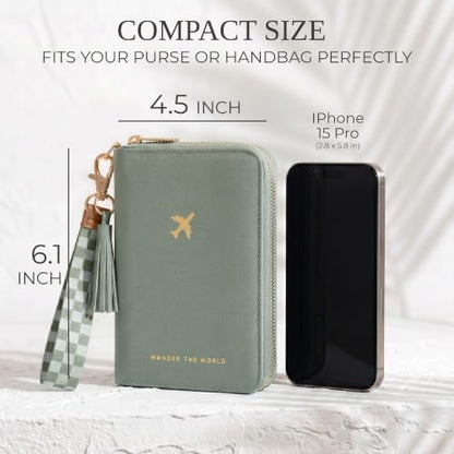 Beautiful Passport Holder And Travel Wallet with Wristlet Strap - color: Sage