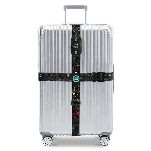 Travelkin Luggage Straps TSA Approved, Suitcase Straps with TSA Lock - color: Air Line Black