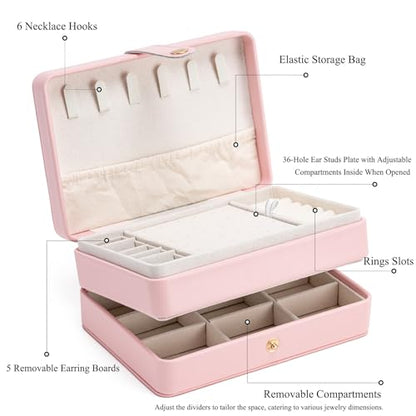Travel Jewelry Case, 2-Layer Large Jewelry Organizer Box, Pink, PU Leather - color: Pink-P, size: Large-2 Layer