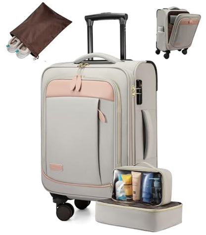 LOVEVOOK 4 Pcs Carry On Luggage 22x14x9 Airline Approved 20 Inch Underseat - color: Light Grey-Pink, size: 21 Inch