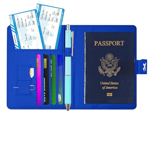 Passport Holder, Cute Travel Wallet Cover with RFID Blocking,Blue | PU leather travel wallet with magnetic closure, card slots, pen loop, and easy access for passports and essentials. - color: T-Blue