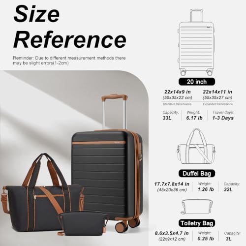 Kono 3-Piece Luggage Set carry on 20in Lightweight Travel Suitcase Black - color: Black, size: Carry-on travel set (db/tb/20")