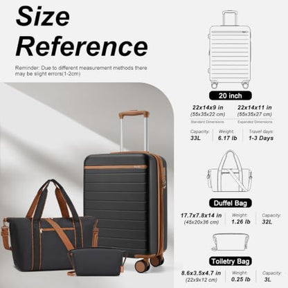 Kono 3-Piece Luggage Set carry on 20in Lightweight Travel Suitcase Black - color: Black, size: Carry-on travel set (db/tb/20")