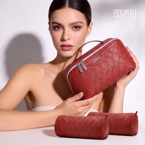 BOYATU Travel Makeup Bag Organizer: 3 Pcs Cosmetic Bag Set for Women Maroon - color: C-Diamond Grid-Maroon