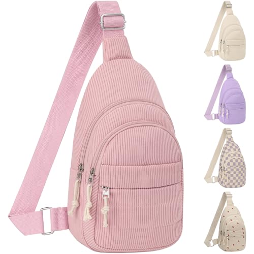ELONGRIVER Corduroy Small Crossbody Bags for Women Teen Girls Trendy | Cute Sling Bag, Functional Cross Body Purses for Travel Hiking, Pink Purse - color: Pink