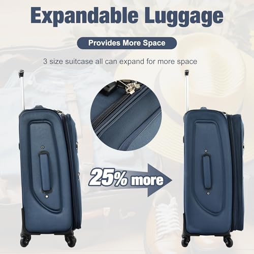 Merax Softside Luggage Set 3 Piece Suitcase with Duffel Bag Spinner Wheels - color: Deep Blue(22/26/30+bags), style: Softside Luggage Set